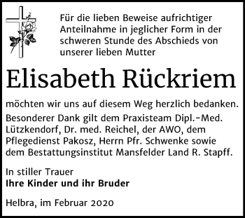 Traueranzeige von Elisabeth Rückriem von Wochenspiegel Mansfelder Land