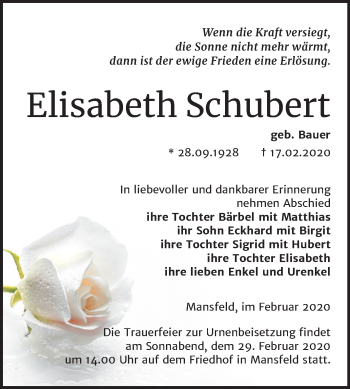Traueranzeige von Elisabeth Schubert von Mitteldeutsche Zeitung Mansfelder Land