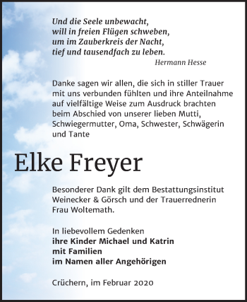 Traueranzeige von Elke Freyer von Mitteldeutsche Zeitung Aschersleben / Bernburg