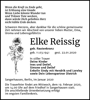 Traueranzeige von Elke Reissig von Mitteldeutsche Zeitung Sangerhausen