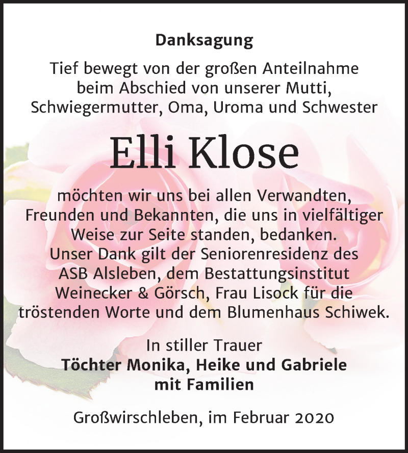  Traueranzeige für Elli Klose vom 22.02.2020 aus Super Sonntag Bernburg