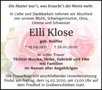 Traueranzeige von Elli Klose von Mitteldeutsche Zeitung Bernburg