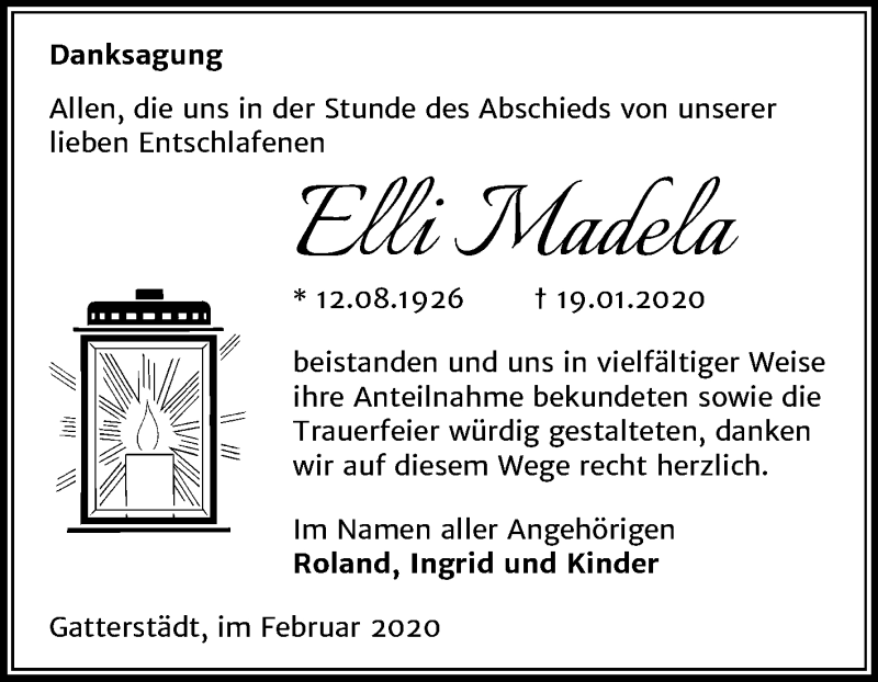  Traueranzeige für Elli Madela vom 29.02.2020 aus Super Sonntag Merseburg/Querfurt