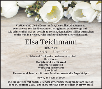 Traueranzeige von Elsa Teichmann von Mitteldeutsche Zeitung Aschersleben