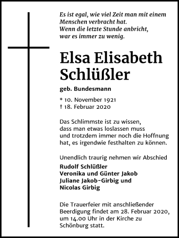 Traueranzeige von Elsa Elisabeth Schlüßler von Mitteldeutsche Zeitung Naumburg/Nebra