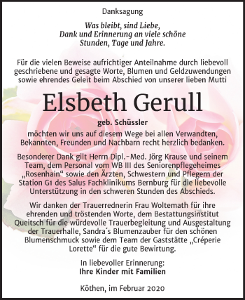 Traueranzeige von Elsbeth Gerull von Super Sonntag Köthen