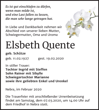 Traueranzeige von Elsbeth Quente von Mitteldeutsche Zeitung Naumburg/Nebra