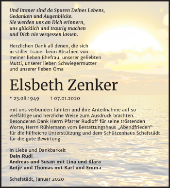 Traueranzeige von Elsbeth Zenker von Super Sonntag Merseburg/Querfurt