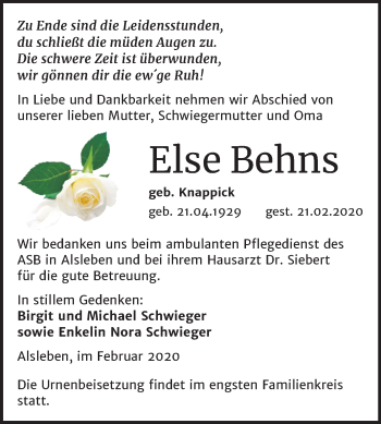 Traueranzeige von Else Behns von Super Sonntag Bernburg