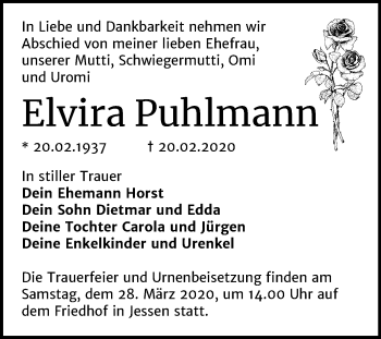 Traueranzeige von Elvira Puhlmann von Super Sonntag Wittenberg