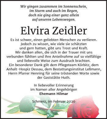 Traueranzeige von Elvira Zeidler von Mitteldeutsche Zeitung Bitterfeld