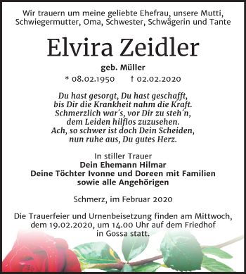 Traueranzeige von Elvira Zeidler von Mitteldeutsche Zeitung Bitterfeld