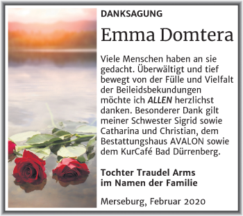 Traueranzeige von Emma Domtera von Super Sonntag Merseburg/Querfurt