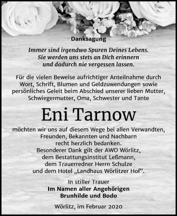 Traueranzeige von Eni Tarnow von Mitteldeutsche Zeitung Wittenberg