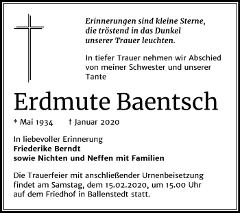 Traueranzeige von Erdmute Baentsch von Mitteldeutsche Zeitung Quedlinburg
