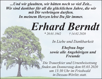 Traueranzeige von Erhard Beredt von Super Sonntag Dessau-Roßlau