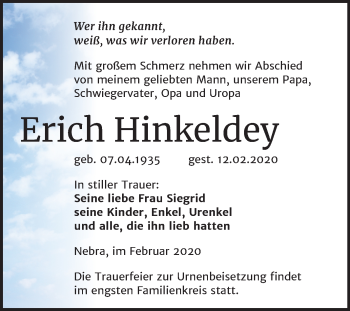 Traueranzeige von Erich Hinkeldey von Wochenspiegel Naumburg/Nebra