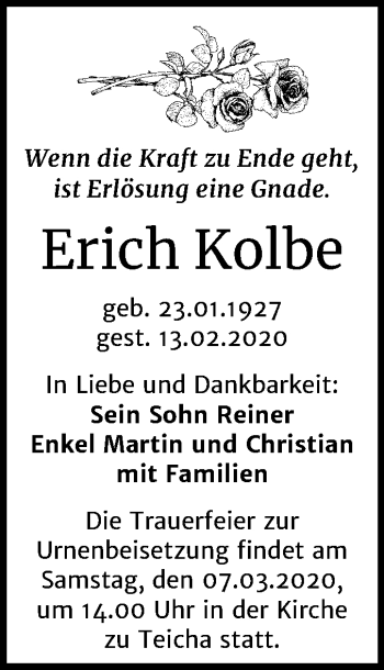 Traueranzeige von Erich Kolbe von Mitteldeutsche Zeitung Halle/Saalkreis
