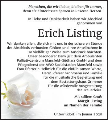 Traueranzeige von Erich Listing von Mitteldeutsche Zeitung Mansfelder Land