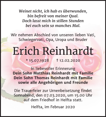 Traueranzeige von Erich Reinhardt von Wochenspiegel Mansfelder Land