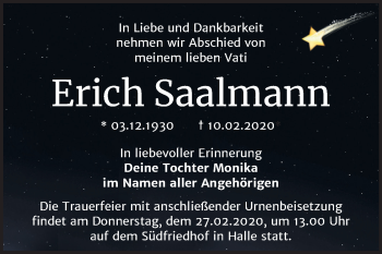 Traueranzeige von Erich Saalmann von Mitteldeutsche Zeitung Halle/Saalkreis