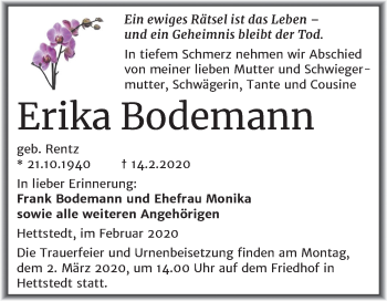 Traueranzeige von Erika Bodemann von Mitteldeutsche Zeitung Mansfelder Land
