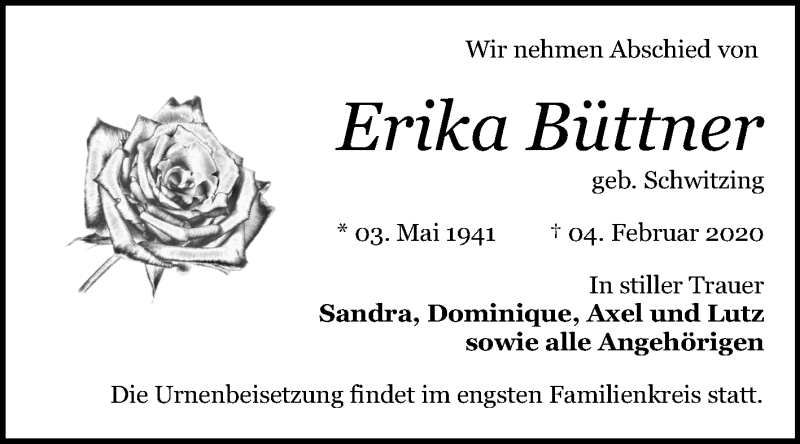  Traueranzeige für Erika Büttner vom 12.02.2020 aus Wochenspiegel Bitterfeld
