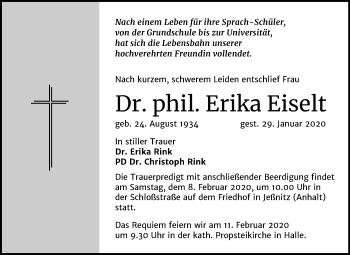 Traueranzeige von Erika Eiselt von Mitteldeutsche Zeitung Halle/Saalkreis