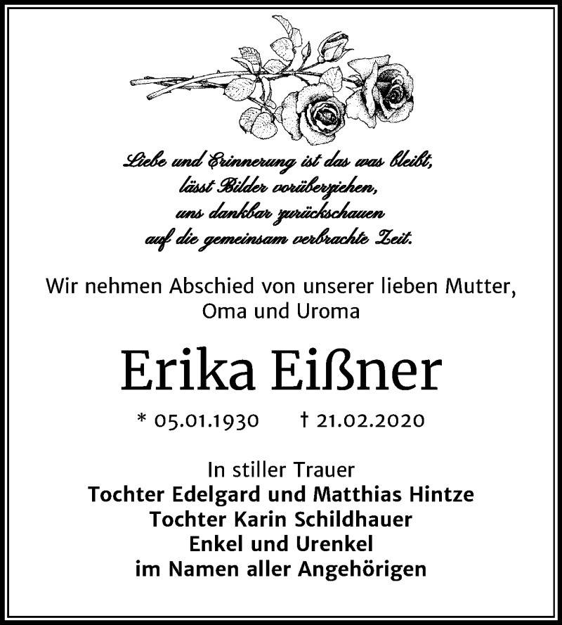  Traueranzeige für Erika Eißner vom 29.02.2020 aus Mitteldeutsche Zeitung Wittenberg