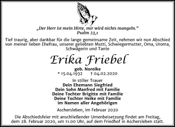Traueranzeige von Erika Friebel von Mitteldeutsche Zeitung Aschersleben