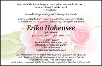 Traueranzeige von Erika Hohensee von Mitteldeutsche Zeitung Bernburg