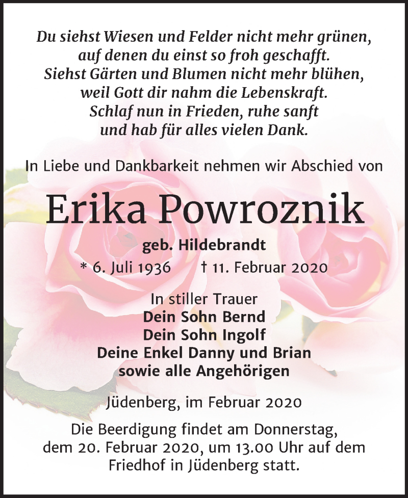  Traueranzeige für Erika Powroznik vom 15.02.2020 aus Super Sonntag Wittenberg