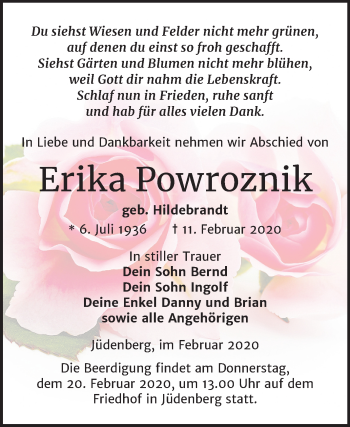 Traueranzeige von Erika Powroznik von Super Sonntag Wittenberg