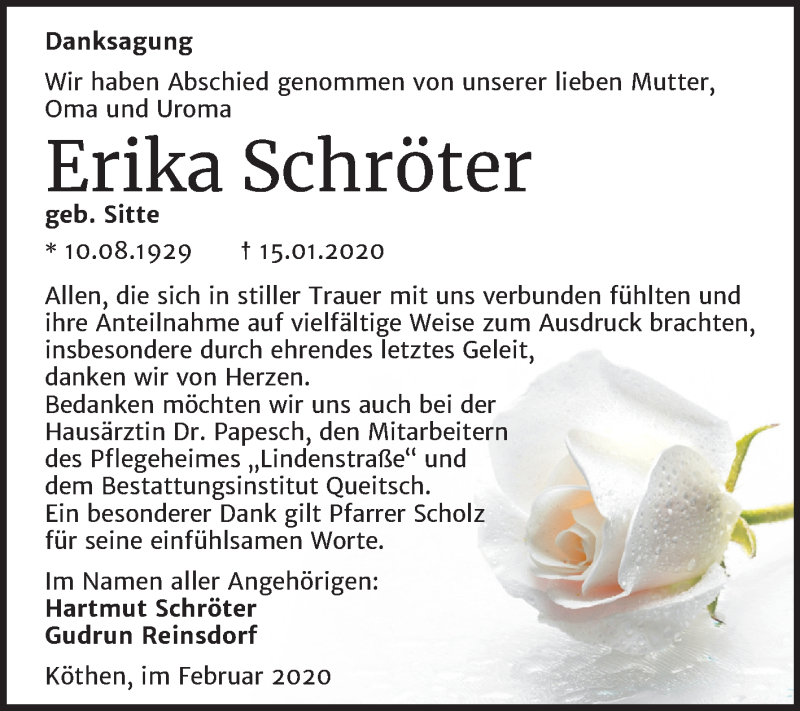  Traueranzeige für Erika Schröter vom 08.02.2020 aus Mitteldeutsche Zeitung Köthen