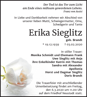 Traueranzeige von Erika Sieglitz von Mitteldeutsche Zeitung Halle/Saalkreis