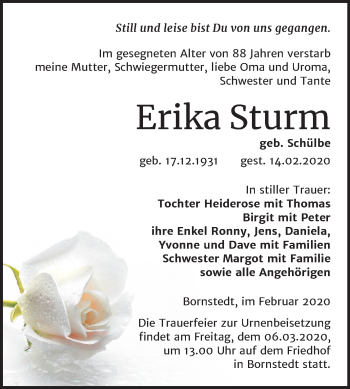 Traueranzeige von Erika Sturm von Mitteldeutsche Zeitung Mansfelder Land