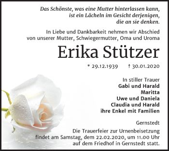 Traueranzeige von Erika Stützer von Wochenspiegel Naumburg/Nebra