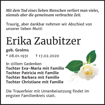 Traueranzeige von Erika Zaubitzer von Mitteldeutsche Zeitung Bernburg
