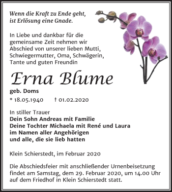 Traueranzeige von Erna Blume von Mitteldeutsche Zeitung Aschersleben