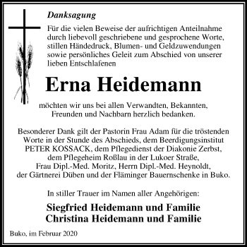 Traueranzeige von Erna Heidemann von Mitteldeutsche Zeitung Wittenberg