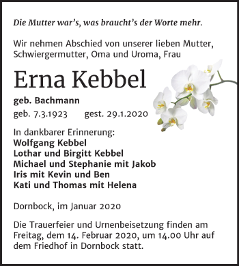 Traueranzeige von Erna Kebbel von Super Sonntag Köthen