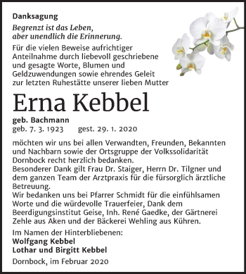 Traueranzeige von Erna Kebbel von Mitteldeutsche Zeitung Köthen