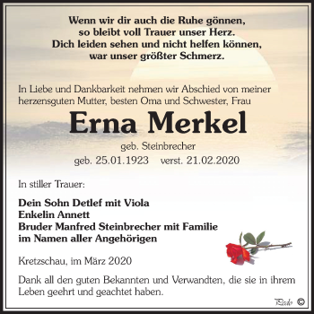 Traueranzeige von Erna Merkel von Mitteldeutsche Zeitung Zeitz