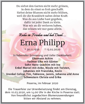 Traueranzeige von Erna Philipp von Wochenspiegel Weißenfels