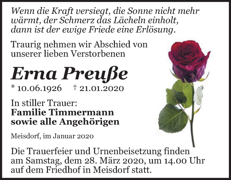  Traueranzeige für Erna Preuße vom 01.02.2020 aus Mitteldeutsche Zeitung Quedlinburg