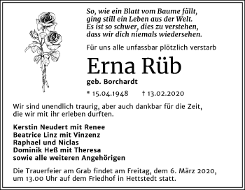 Traueranzeige von Erna Rüb von Mitteldeutsche Zeitung Mansfelder Land
