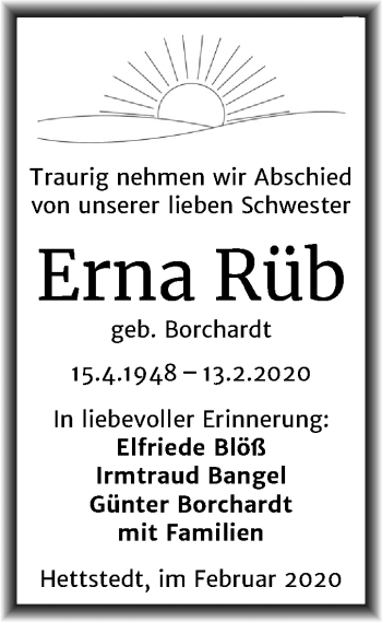 Traueranzeige von Erna Rüb von Mitteldeutsche Zeitung Mansfelder Land