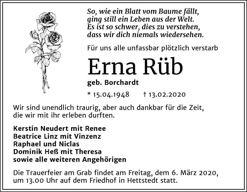  Traueranzeige für Erna Rüb vom 22.02.2020 aus Mitteldeutsche Zeitung Mansfelder Land