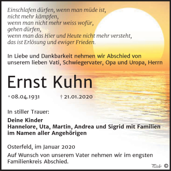 Traueranzeige von Ernst Kuhn von Super Sonntag Zeitz