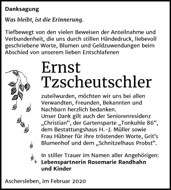 Traueranzeige von Ernst Tzscheutschler von Super Sonntag Aschersleben